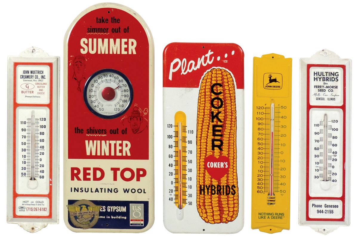 Advertising thermometers (5), John Deere, John Wuetrich Creamery