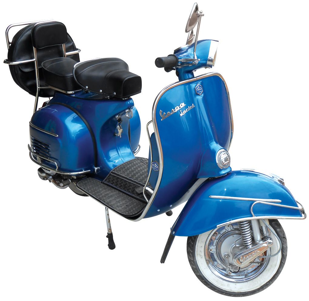 Motor scooter, 1969 Vespa 150 Sprint, Piaggio, Veglia Borletti, blue  w/black leather upholstery, com