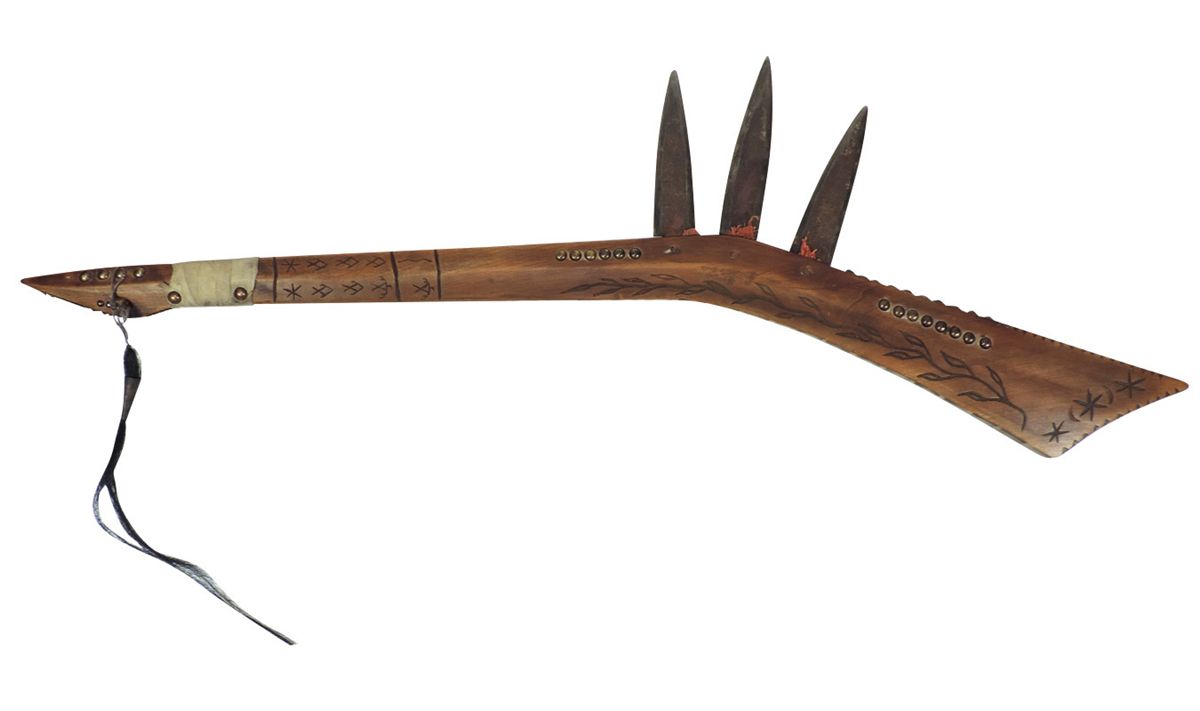 Native American, gun stock war club w/3 spear points, heavily