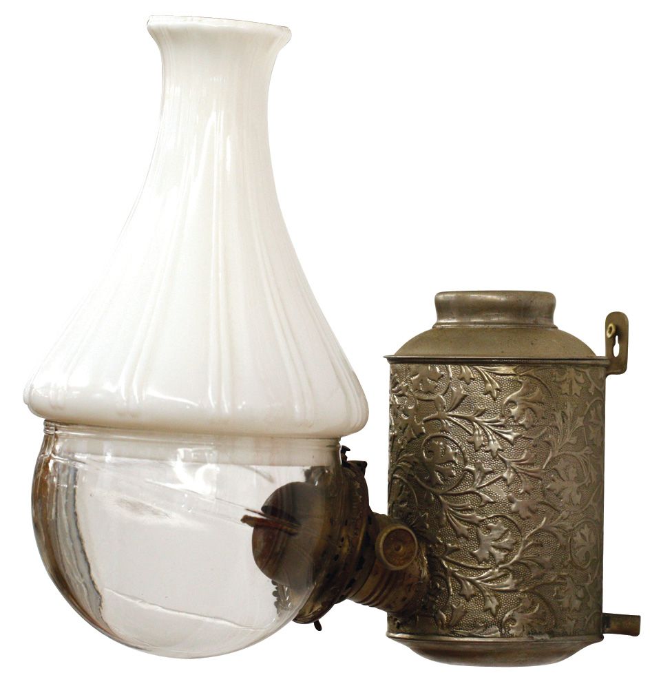 Lighting, wall mount kerosene lamp, Angle Lamp Co.NY, fancy embossed