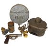 Image 1 : Miner's items (7), flare gun marked wa137362 w/Bakelite grips, tin lunch bucket w/cup, 3 miner's lam