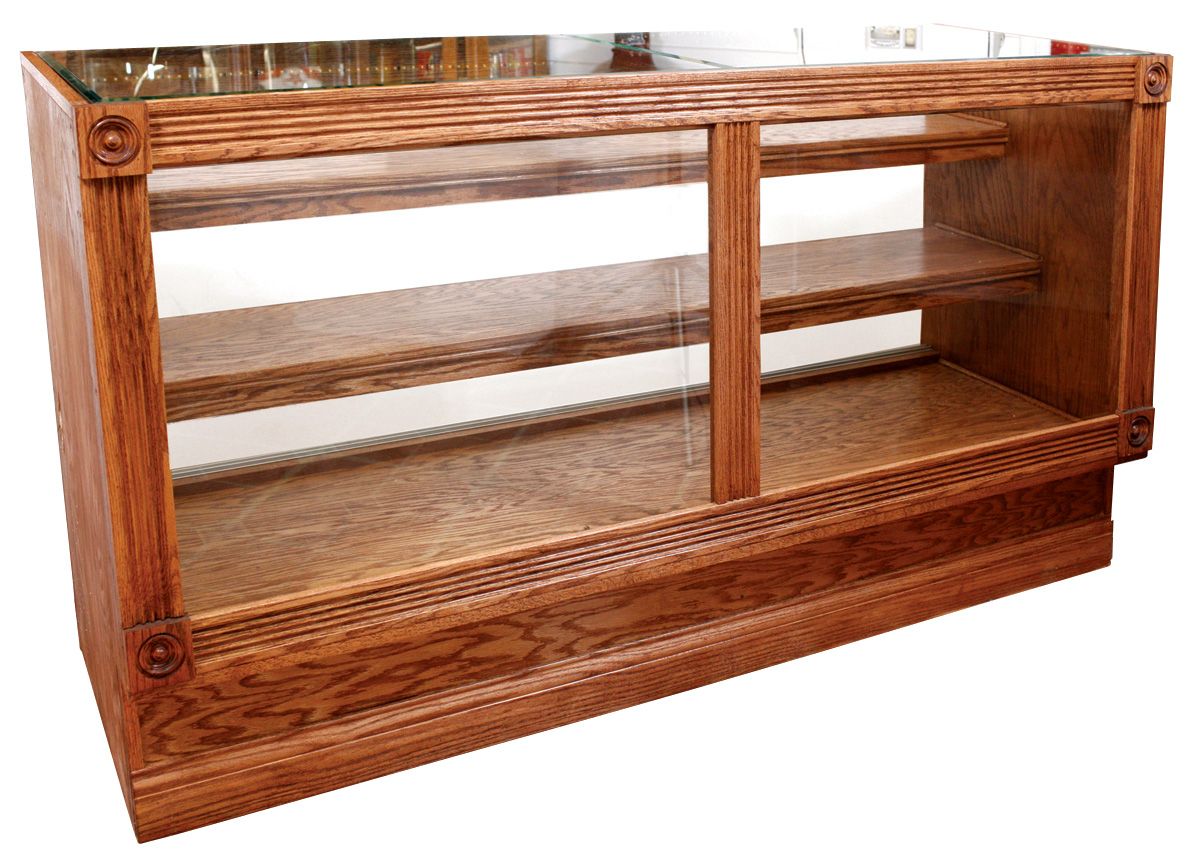 Display case, custom-made oak floor case w/column front, 2 oak shelves ...