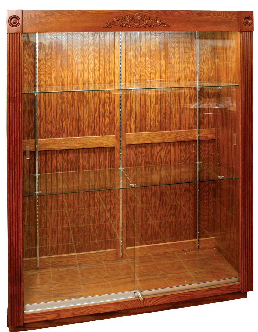 Display case, custom-made oak floor case w/column front & applied top ...