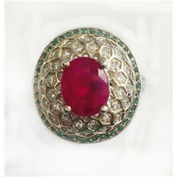 RUBY OVAL 3.85CT, 14K W/G RING 8.96GRAM / DIAMOND 0.62CT / EMERALD RD 1.12CT