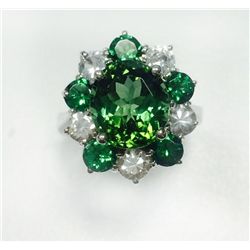 TSAVORITE 1.29CT / G.TOURMALINE 3.91CT,  14K W/G RING 5.48GRAM / WHITE SAPPHIRE 1.10CT