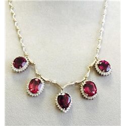 RASPBERRY GARNET 28.29CT, 14K W/G NECKLACE 21.14GRAM / DIAMOND 1.61CT