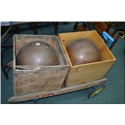 Two butter boxes and two copper floats/ lightening rod balls (?)