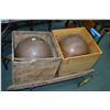 Image 1 : Two butter boxes and two copper floats/ lightening rod balls (?)