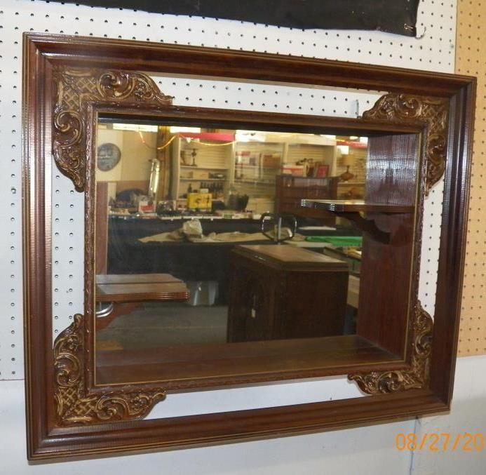 What Not Shelf Vintage Wall Mounted Mahogany Mirrored Backed Shelf 33" Wide x 27" Tall x 4" Deep