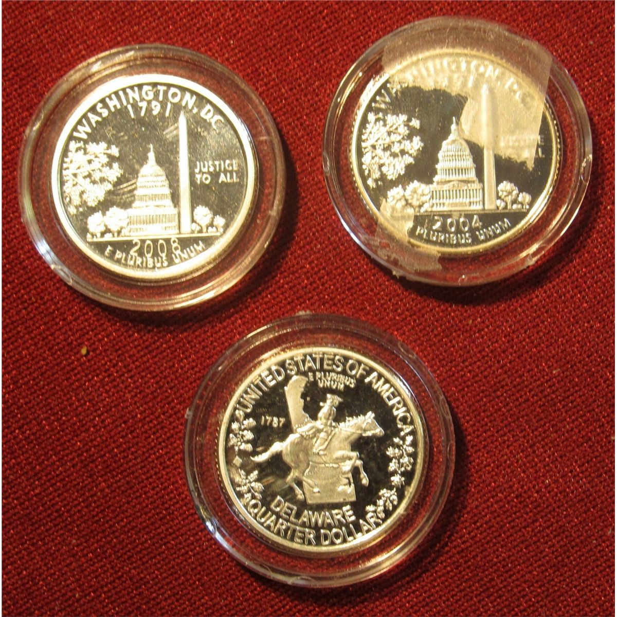 Proof Quarters 677. 2004 S Washington D.C.; 1999 S Delaware; & 2008 Fifty First State ...