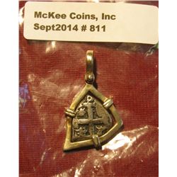 811. Authentic Silver Spanish cob “piece of 8” in a heavy, well-made gold plated silver bezel. Weigh