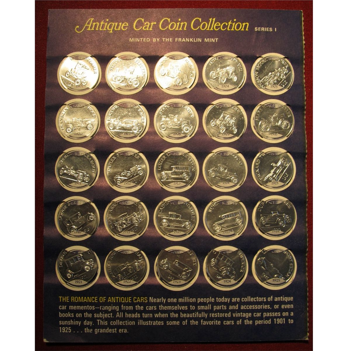 823 Complete 25 Coin Set Of Aluminum Antique Car Coins Made By The Franklin Mint Features Cars Mad