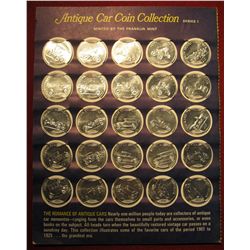 823. Complete 25 Coin Set of aluminum Antique Car Coins made by the Franklin Mint, features cars mad