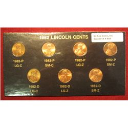 848. 7 coin set of BU 1982 business / circulation strike Lincoln cents, labeled by variety in specia