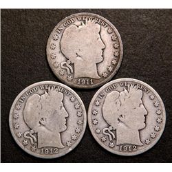 1911-D, 1912, 1912-D Barber Silver Half Dollars