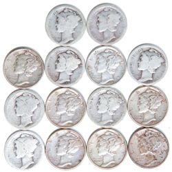 14 Mixed Date 90% Silver Mercury Dimes 1916-1945