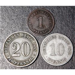 3 German Pfenning Coins 1875 1888 One Ten Twenty Piece