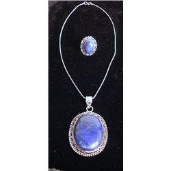 Lapis Pendant with Chain + Ring German Silver