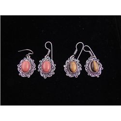 2 Pairs Sterling Earrings Red Sunstone, Tiger Eye