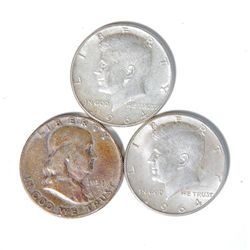 3 Silver Half Dollars 1964-D 1951-D Kennedy Franklin