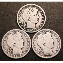 1907, 1907-D, 1908-D Barber Silver Half Dollars