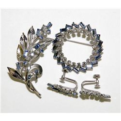 Set of Sterling Silver Blue Rhinestone Brooch Earring