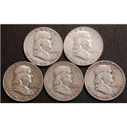 1951 '52 '58 '62 '63 Franklin Silver Half Dollar Coins