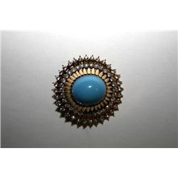 Vintage Jomaz Rhinestone & Turquoise Gold Brooch Pin