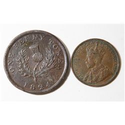 2 Canadian Coins 1824 Nova Scotia Token & 1920 Penny