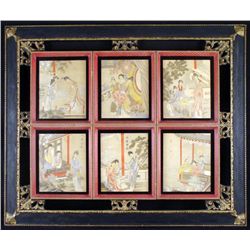 Antique 6 Chinese Paintings in 1 Frame-Women & Poetry