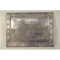 Antique Silvered Metal Plaque titled 'The Oldest House in America' The Gov Craddock House Built 1634