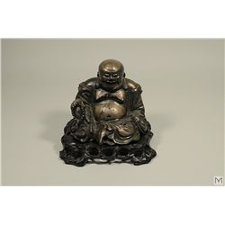 Antique Lacquered and Gilt Carved Hardwood Figure of Hotei on Later Wood Base