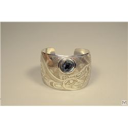 NWC Barry Wilson Carved Silver Bracelet Sea Lion and Salmon with Harvest Moon - Abalone Inlay