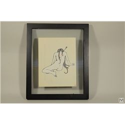 Original Signed Ink & Gouache Drawing of a Nude Pierced by an Arrow