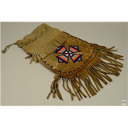 Old Plains Smoked Deer Skin Hide Bag with Beaded Snowflake and 4 Directions