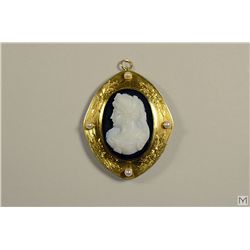 Antique 14K Gold Seed Pearl and Carved Hardstone Cameo  Brooch / Pendant - Stamped 14K