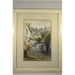 ALFRED LEYMAN (BRITISH 1856-1933) Signed Watercolor - Cottage Street Scene. Original vintage frame b