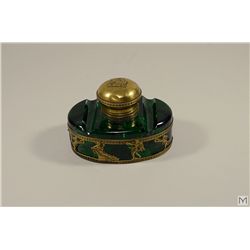 Antique FRENCH Cut GREEN Crystal & Ormolu Mounted Inkwell & Pen Rest