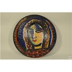 Vintage Ceramic Painted Plaque Abstract Portrait of Woman