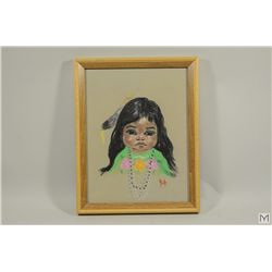 Well Framed and Signed Vintage Pastel Drawing of A Native Girl With Feather