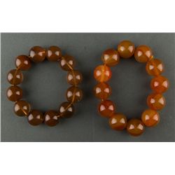 Pair of Chinese Cameo Agate Carved Bead Bracelets