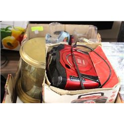 BOX WITH TOY LATHE, CD RADIO, AND ACTION FIGURE