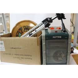 BOX OF MISC. WITH HEATER AND TRIPOD, ETC.