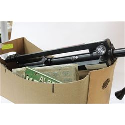 BOX WITH TRIPOD/ VINTAGE PLATES/ BRASS CANISTER