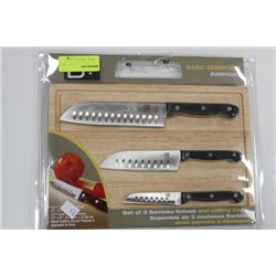 NEW 3 PC SANTOKU KNIFE AND CUTTING BOARD SET