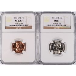 1965 SMS LINCOLN CENT NGC MS-66 RED AND 1965 SMS JEFFERSON NICKEL, NGC MS-67