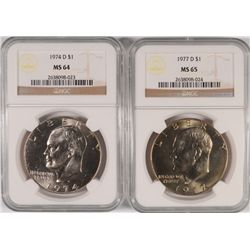 (2) IKE DOLLARS (74-D, 77-D) NGC MS-64/65