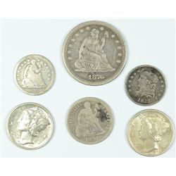 6 Coin Lot:  1876 QUARTER VF, 1891 DIME GOOD, 1842 1/2 DIME GOOD, 1833 HALF DIME