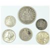 Image 1 : 6 Coin Lot:  1876 QUARTER VF, 1891 DIME GOOD, 1842 1/2 DIME GOOD, 1833 HALF DIME