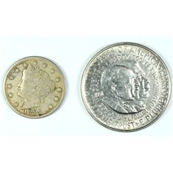 1887 V NICKEL FINE & 1951 WASH-CARVER HALF DOLLAR AU